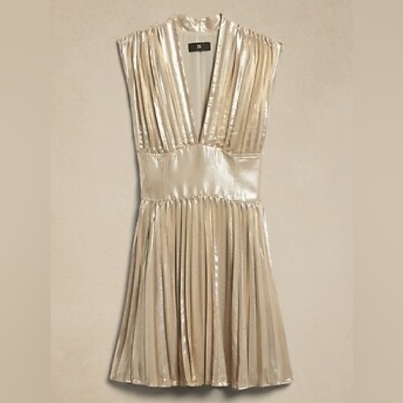 Banana Republic Gold Metallic Pleated Mini Dress NWT 14 New Year’s Eve - Picture 2 of 9